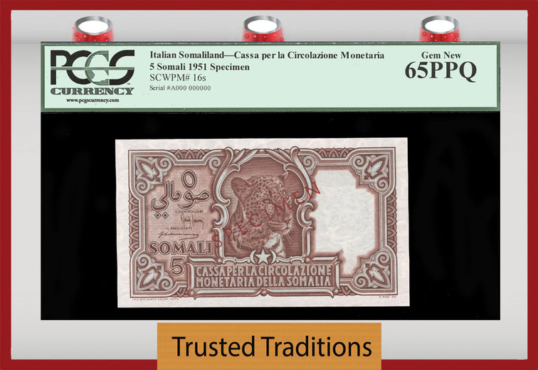 TT PK 0016s 1951 ITALIAN SOMALILAND 5 SOMALI SPECIMEN LEOPARD PCGS 65 PPQ GEM