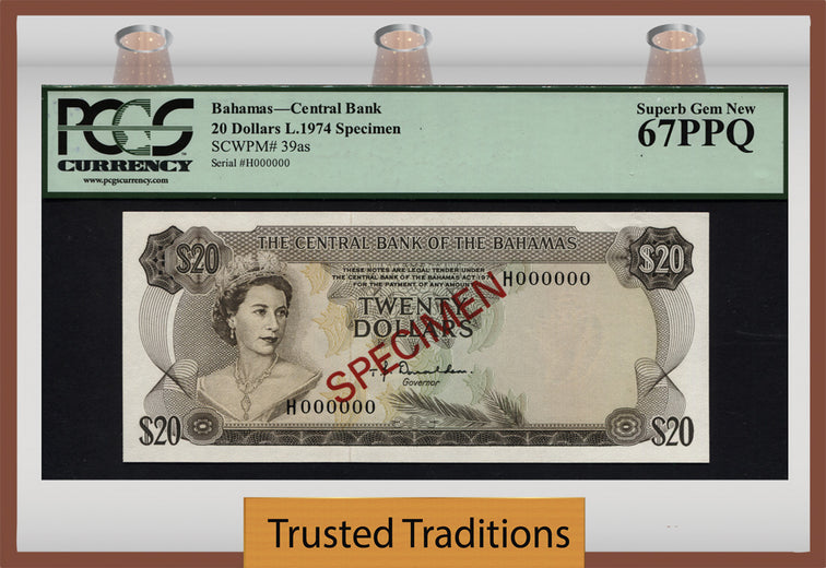 TT PK 39as 1974 BAHAMAS $20 ELIZABETH II SPECIMEN PCGS 67 PPQ SUPERB GEM NEW