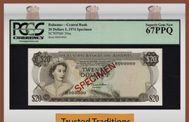 TT PK 39as 1974 BAHAMAS $20 ELIZABETH II SPECIMEN PCGS 67 PPQ SUPERB GEM NEW