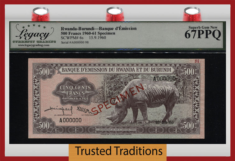 TT PK 6s 1960 RWANDA-BURUNDI 500 FRANCS SPECIMEN BLACK RHINO LCG 67 PPQ SUPERB