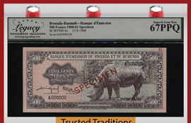 TT PK 6s 1960 RWANDA-BURUNDI 500 FRANCS SPECIMEN BLACK RHINO LCG 67 PPQ SUPERB