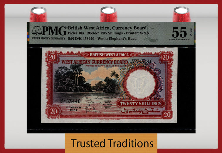 TT PK 10a 1953-57 BRITISH WEST AFRICA 20/- SHILLINGS PMG 55 EPQ ABOUT UNCIRCULATED