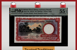 TT PK 10a 1953-57 BRITISH WEST AFRICA 20/- SHILLINGS PMG 55 EPQ ABOUT UNCIRCULATED