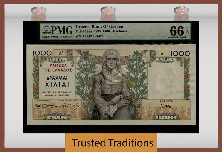 TT PK 106a 1935 GREECE BANK of GRACE 1000 DRACHMAI PMG 66 EPQ GEM UNCIRCULATED