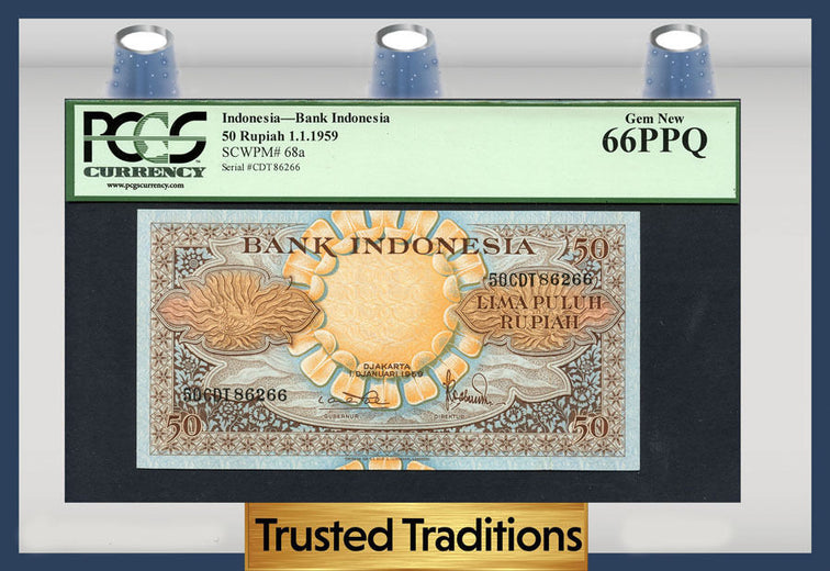 TT PK 0068a 1959 INDONESIA BANK INDONESIA 50 RUPIAH PCGS 66 PPQ GEM NEW!