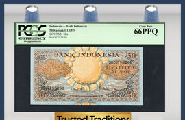 TT PK 0068a 1959 INDONESIA BANK INDONESIA 50 RUPIAH PCGS 66 PPQ GEM NEW!