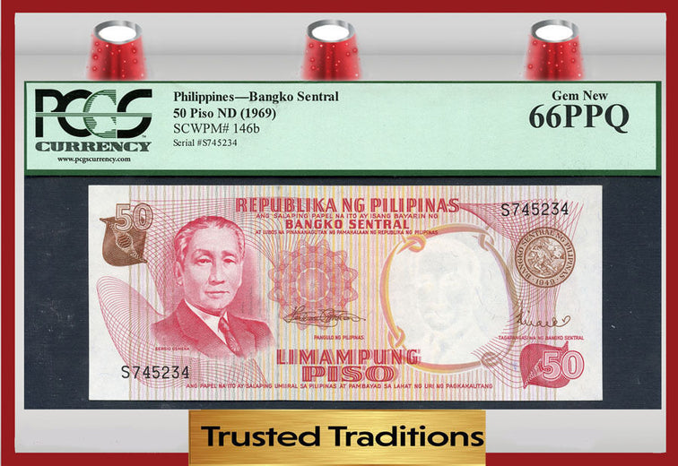 TT PK 0146b 1969 PHILIPPINES 50 PISO PCGS 66 PPQ GEM NEW POP ONE FINEST KNOWN!