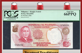 TT PK 0146b 1969 PHILIPPINES 50 PISO PCGS 66 PPQ GEM NEW POP ONE FINEST KNOWN!