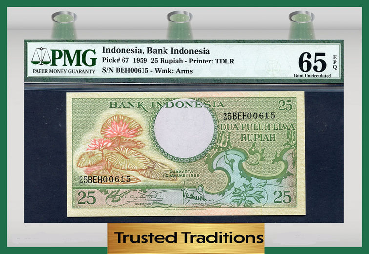 TT PK 0067 1959 INDONESIA 25 RUPIAH BANK INDONESIA PMG 65 EPQ GEM UNCIRCULATED!