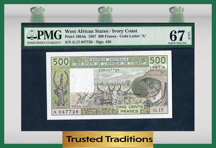 TT PK 0106Ak 1987 WEST AFRICAN STATES / IVORY COAST 500 FRANCS PMG 67 EPQ POP ONE
