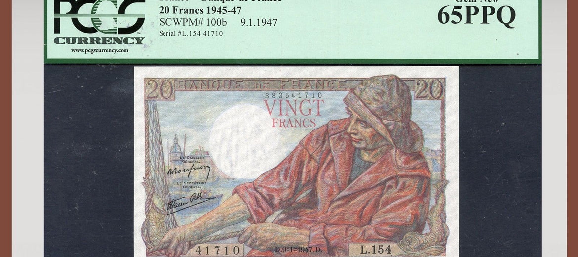 TT PK 0100b 1945-47 FRANCE BANQUE DE FRANCE 20 FRANCS PCGS 65 PPQ GEM NEW