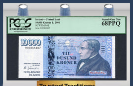 TT PK 0061 2001 ICELAND CENTRAL BANK 10000 KRONUR "HALLGRIMSSON" PCGS 68 PPQ
