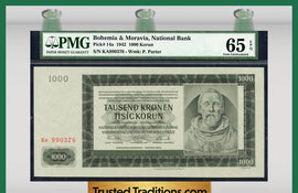 TT PK 0014a 1942 BOHEMIA & MORAVIA NATIONAL BANK 1000 KORUN PMG 65 EPQ GEM