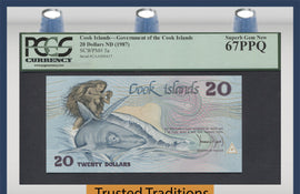 TT PK 0005a 1987 COOK ISLANDS 20 DOLLARS "INEZ & THE SHARK" PCGS 67 PPQ NONE FINER
