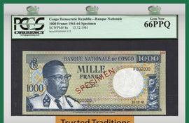 TT PK 0008s 1961-64 CONGO DEMOCRATIC REPUBLIC 1000 FRANCS RARE SPECIMEN PCGS 66 PPQ