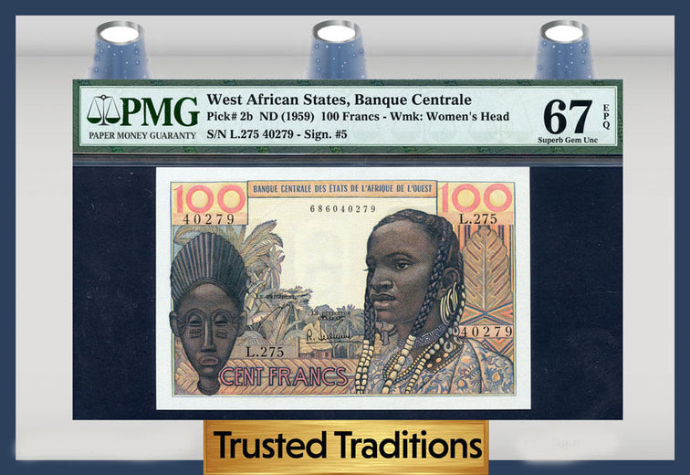 TT PK 0002b 1959 WEST AFRICAN STATES BANQUE CENTRALE 100 FRANCS PMG 67 EPQ!
