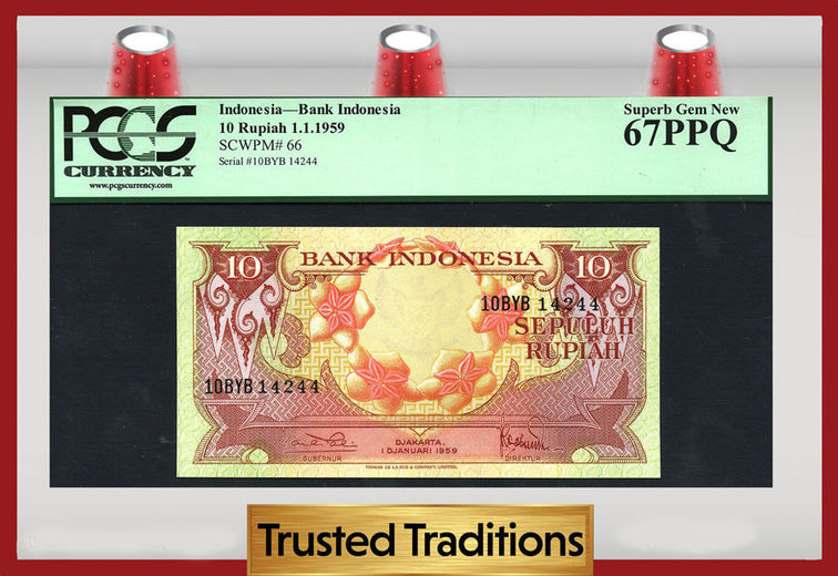 TT PK 0066 1959 INDONESIA 10 RUPIAH BANK INDONESIA PCGS 67 PPQ SUPERB GEM NEW!