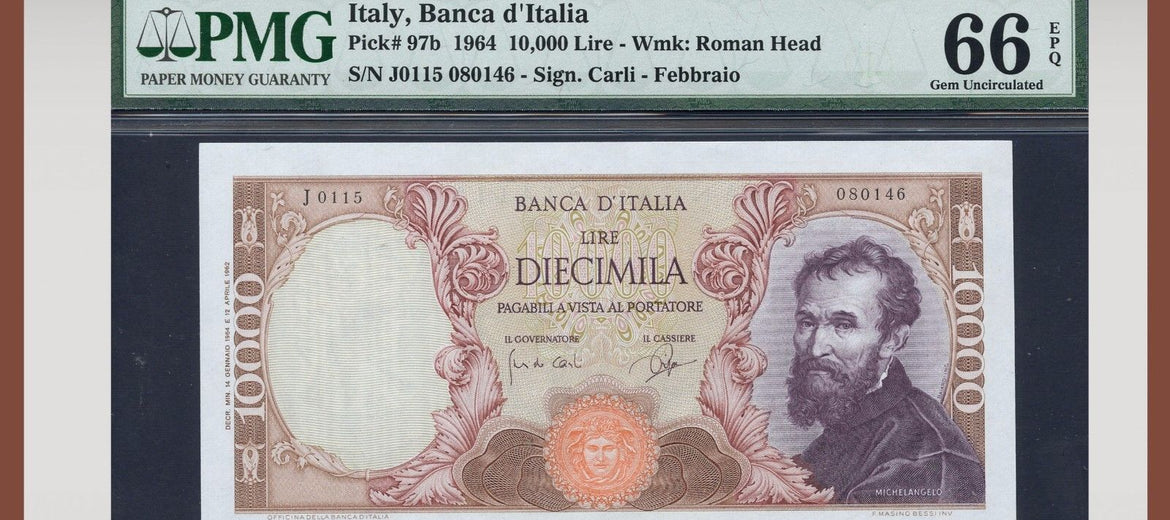 TT PK 0097b 1964 ITALY 10000 LIRE MICHELANGELO PMG 66 EPQ RAREST SIGN. COMBINATION