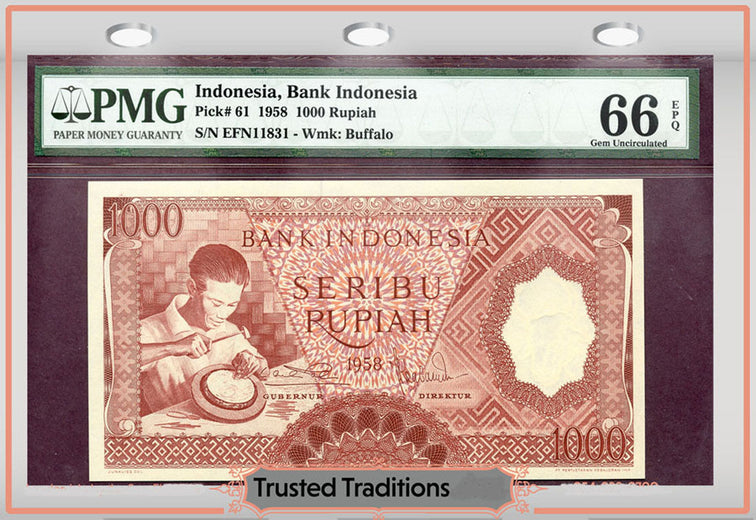 TT PK 0061 1958 INDONESIA 1000 RUPIAH PMG 66 EPQ GEM UNCIRCULATED ONLY THREE FINER
