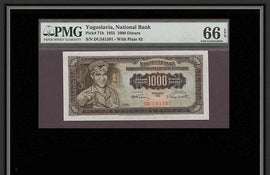 TT PK 0071b 1955 YUGOSLAVIA 1000 DINARA PMG 66 EPQ GEM ONLY THREE FINER