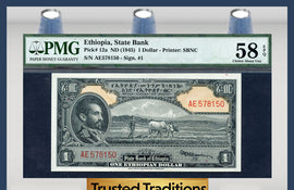 TT PK 0012a 1945 ETHIOPIA 1 DOLLAR "EMPEROR HAILE SELASSIE" PMG 58 EPQ CHOICE!