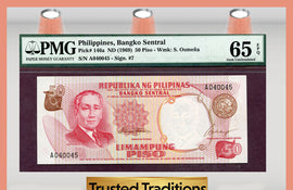 TT PK 0146a 1969 PHILIPPINES 50 PISO PMG 65 EPQ GEM UNCIRCULATED POP ONE!