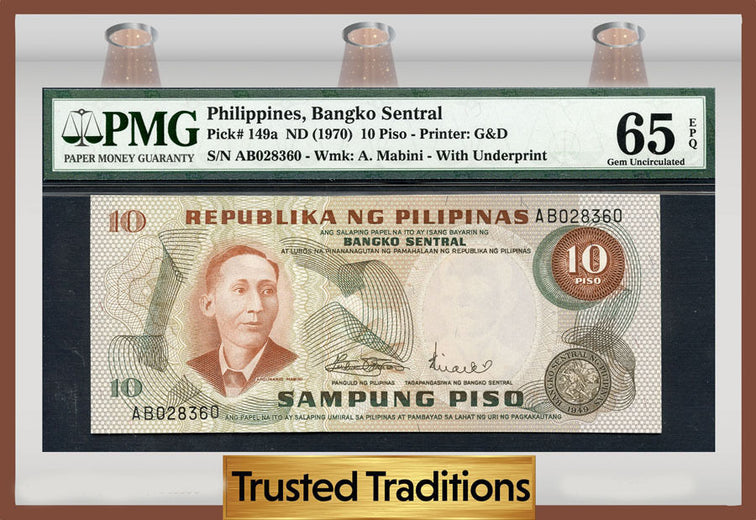 TT PK 0149a 1970 PHILIPPINES 10 PISO PMG 65 EPQ GEM UNCIRCULATED FINEST KNOWN