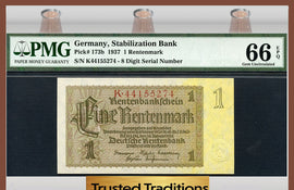TT PK 0173b 1937 GERMANY STABILIZATION BANK 1 RENTENMARK PMG 66 EPQ GEM UNC!