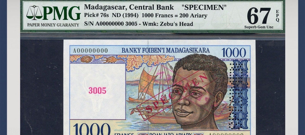 TT PK 0076s 1994 MADAGASCAR 1,000 FRANCS SPECIMEN PMG 67 EPQ POP TWO NONE FINER!