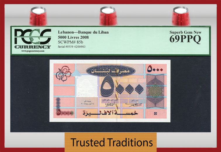 TT PK 0085b 2008 LEBANON BANQUE DU LIBAN 5000 LIVRES PCGS 69 PPQ SUPERB GEM NEW!