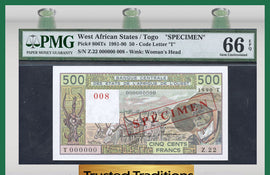 TT PK 0806Ts 1981-90 WEST AFRICAN STATES 500 FRANCS "SPECIMEN" PMG 66 EPQ POP 2