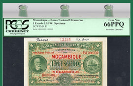 TT PK 0081 1941 MOZAMBIQUE 1 ESCUDO "POP ONE" "SPECIMEN" PCGS GEM NEW 66 PPQ