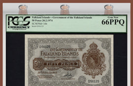 TT PK 0010b 1974 FALKLAND ISLANDS 50 PENCE QUEEN ELIZABETH II PCGS 66 PPQ GEM NEW