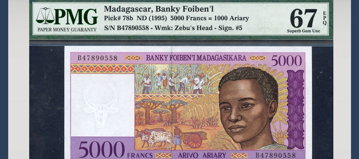TT PK 0078b 1995 MADAGASCAR 5000 FRANCS = 1000 ARIARY PMG 67 EPQ POPULATION THREE!