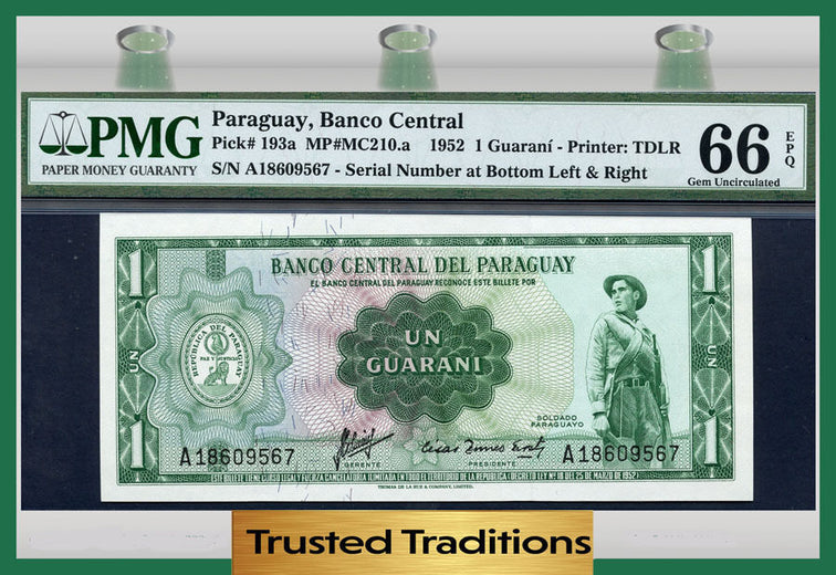 TT PK 0193a 1952 PARAGUAY 1 GUARANI PMG 66 EPQ GEM POP ONE IN THIS GRADE LEVEL!