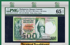 TT PK 0064a 1974 MADAGASCAR 500 FRANCS=100 ARIARY PMG 65 EPQ GEM POPULATION ONE!