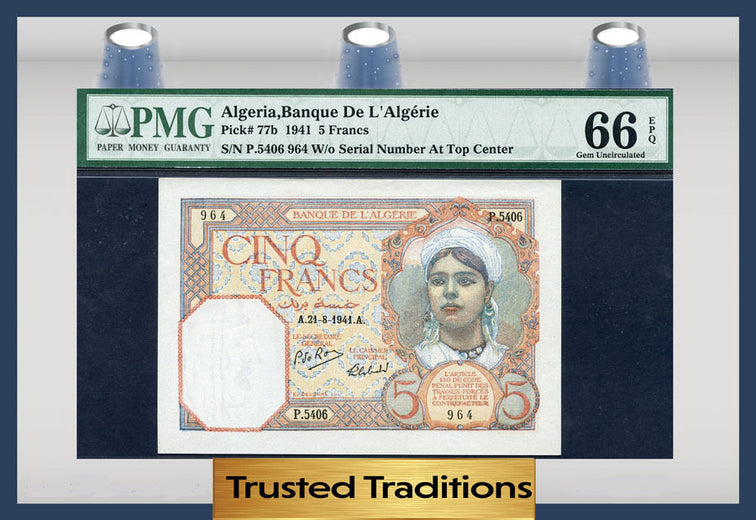 TT PK 0077b 1941 ALGERIA 5 FRANCS PMG 66 EPQ GEM POP ONE FINEST KNOWN!