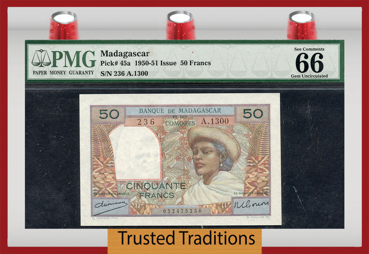 TT PK 0045a 1950-1951 MADAGASCAR 50 FRANCS PMG 66 EPQ GEM UNCIRCULATED