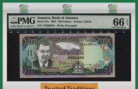 TT PK 0075a 1991 JAMAICA 100 DOLLARS "SAMUEL SHARPE" PMG 66 EPQ GEM UNC POP TWO!