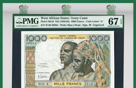 TT PK 0103Af 1959-65 WEST AFRICAN STATES / IVORY COAST 1000 FRANCS PMG 67 EPQ
