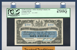 TT PK 0126b 1939-40 NORTHERN IRELAND BELFAST BANKING 1 POUND PCGS 67 PPQ TOP POP!