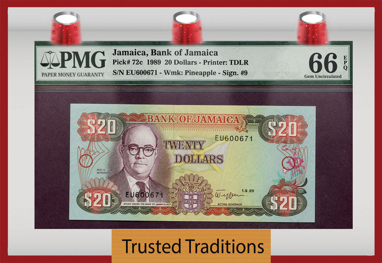 TT  PK 0072c 1989 JAMAICA 20 DOLLARS PMG 66 EPQ GEM UNCIRCULATED FINEST KNOWN