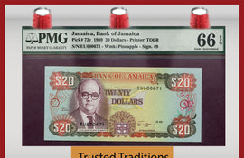 TT  PK 0072c 1989 JAMAICA 20 DOLLARS PMG 66 EPQ GEM UNCIRCULATED FINEST KNOWN