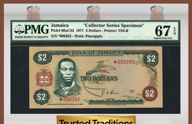 TT PK 0060aCS2 1977 JAMAICA 2 DOLLARS "COLLECTOR SERIES SPECIMEN" PMG 67 EPQ