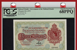 TT PK 0009b 1975 FALKLAND ISLANDS 5 POUNDS "QUEEN ELIZABETH II" PCGS 68 PPQ SUPERB