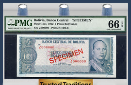 TT PK 0153s 1962 BOLIVIA 5 PESOS BOLIVIANOS "SPECIMEN" PMG 66 EPQ GEM POP TWO!