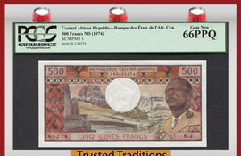 TT PK 0001 1974 CENTRAL AFRICAN REPUBLIC 500 FRANCS PCGS 66 PPQ 1ST ISSUED BANKNOTE