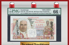 TT PK 0035s 1947-49 GUADELOUPE 100 FRANCS SPECIMEN PMG 66 EPQ GEM POP TWO