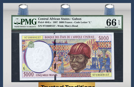 TT PK 0404Lc 1997 CENTRAL AFRICAN STATES 5000 FRANCS PMG 66 EPQ POP ONE