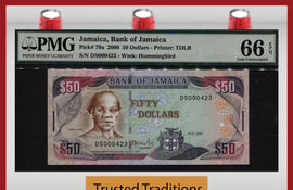 TT PK 0079a 2000 JAMAICA 50 DOLLARS "SAMUEL SHARPE" PMG 66 EPQ GEM POP TWO 1 OF 2!